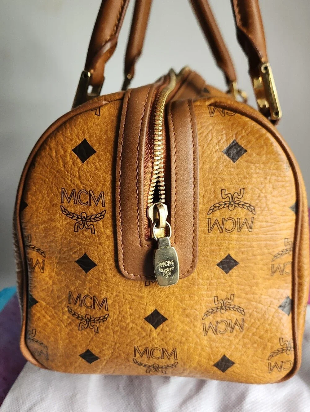 MCM Cognac Monogram Boston satchel 6 pc set EUC
